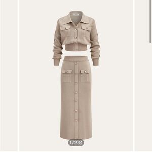 Commens Metal Button Collared Cardigan and Midi Skirt Set